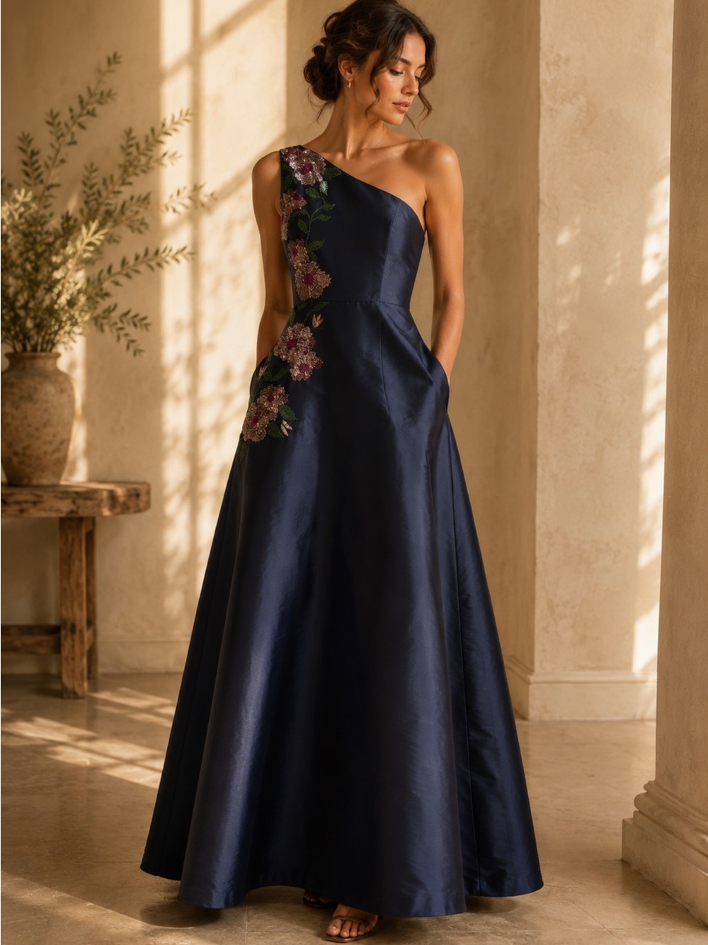 KAY UNGER Giada Beaded Floral One Shoulder Gown in Dark Midnight Navy Blue